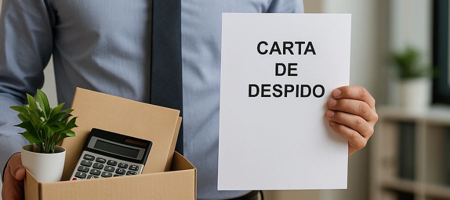 Empleado despedido sosteniendo una carta de despido y una caja con objetos personales en una oficina moderna – imagen representativa del despido objetivo en Murcia.