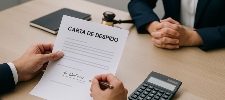 Firma de carta de despido con anotación “No Conforme” durante asesoramiento legal en Murcia, representando el procedimiento de despido y conciliación en el SMAC en 2025.